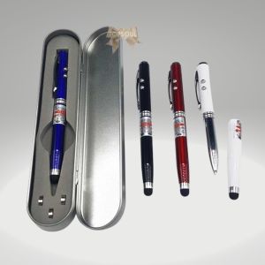 BIRU Pulpen Laser 4in1 Box Kaleng Souvenir Stylus Pointer Senter Gift