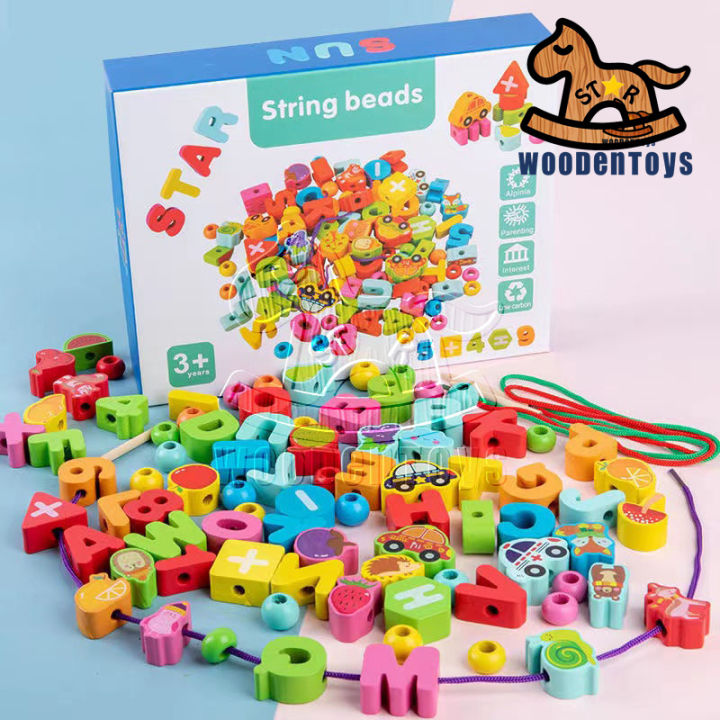 Montessori Educational Threading Toys Wooden Stringing Numbers Letters Cars  Farm Animals Fruits Lacing Beads Preschool Toy for Toddler Year Old 
