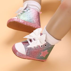 Christening Newborn Girl Shoes First Walker Baby HighCut Shoes Soft Non Slip Sole Lovely Bow Casual Canvas Baby Shoes 0-18 Months