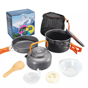 DS-308 Outdoor Portable Cookware Cooking Pot Set Combination Anodized Aluminum Alloy for Camping With Mesh Bag For Backpacking Hiking Picnic and Outdoor Activities