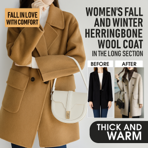 High-end Herringbone Woolen Coat Thickened Warm Tweed Jacket Slimming Medium Long Coat Woolen Coat