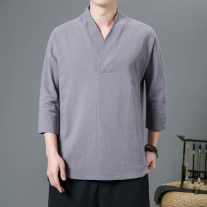 Mens Pullover Linen Shirts Summer Short Sleeve T Shirt Lelaki V-neck Slim Fit Kurta Lelaki Plain Casual M-3XL Baju T Shirt Lelaki Casual Stylish Long Sleeve Solid Color V-neck Street Style Top