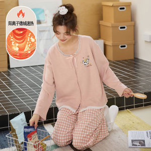 Womens pajamas for autumn and winter cationic fleece fake two-piece cardigan long-sleeved thickened warm wearable as outer clothing home wear set
