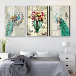 Bộ 3 tấm tranh Phong Thủy Chim Công - chim Khổng Tước quà tặng Tân Gia - Mừng Cưới - Mừng Khai trương - trang trí decor nhà cửa - phòng khách - công ty - văn phòng chất liệu gỗ in tráng gương