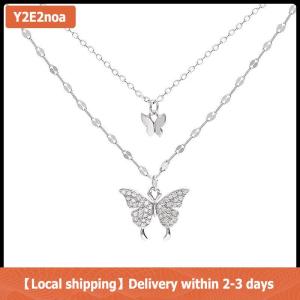 【Local shipping】 Fashion Shiny Butterfly Necklace Ladies Exquisite Double Layer Clavicle Chain Cool Neck Chain For Women Jewelry Gift