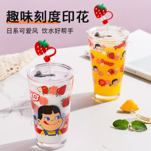 Cute Cartoon Glass Cups with Straws and Lids Cold Drink Tumbler Glass Travel Coffee MugsCute Cups