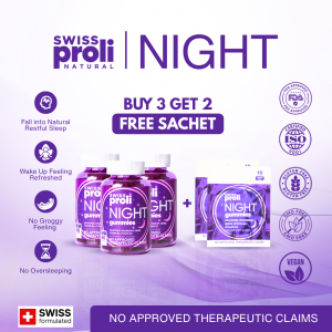 [3 BOTTLES + FREE 2 SACHETS] SWISS PROLI Night Melatonin Gummies 180 + 20 for Sleep Calm and Mood Support | With Ashwagandha Magnesium L-Theanine Reishi Mushroom Lemon Balm
