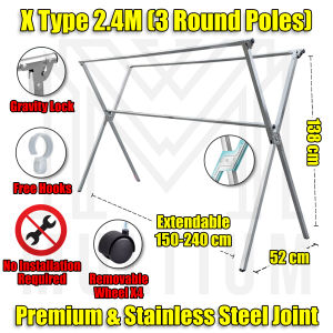 X MODEL - 2.4M ( WITH WHEEL) Stainless Steel Extendable Drying Rack| Foldable Laundry Rack| Drying Rack| Laundry| Laundry Organizer| Drying Rack clothes| Drying clothe Folding| Cloth Laundry Drying Rack Retractable| Space Saving storage