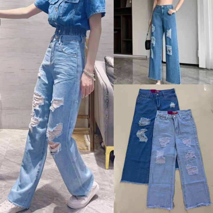 MOM JEANS High Waist Baggy Pants Tattered Ripped Jeans Wide-Leg Pants ...