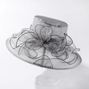GOLFDIN Solid Color Flowers Women Derby Hat Wide Brim Organza Summer Ruffles Sun Hat Classy Foldable Bridal Tea Party Wedding Hat