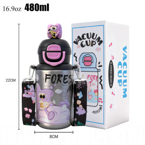 480ML Kids Cartoon Thermos 316 Stainless Steel 3D Figurine Lid Dual Drink Leakproof Tumbler Wide Shoulder Strap School Gift for Girls Women- HoneyLion