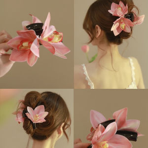 Pink Elegant Magnolia Shark Clips Sweet Waterproof Yulan Flowers Hair Claws Acrylic Fabric Women Hair Accessories Daily Headwear