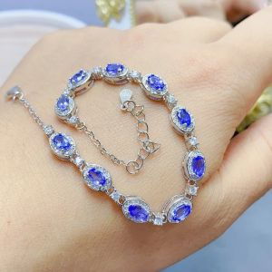 Natural Tanzanite Tennis Bracelet 3x5mm Oval Cut 925 Silver with Halo CZ Accents Adjustable Statement Bracelet for Women