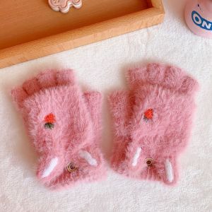 HEALMEYOU Cute Work Flip Plush Winter Children Strawberry Korean Mittens Women Gloves Half Finger Gloves