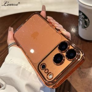 Luxury Glitter Hard PC Plating Clear Case for iPhone 14 15 16 17 Pro Max Air 13 12 11 With Lens Film Transparent Bling Cover