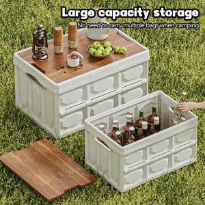 AKZDXE With Wooden Lid Foldable Storage Box Multi-functional Large Capacity Car Storage Container Portable Plastic Car Trunk Storage Box Camping