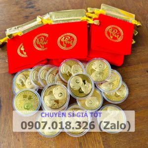 Set 05 xu Rắn vàng + túi gấm chữ Lộc sang trọng quý phái dùng làm quà tặng lì xì tết - Mẫu 2