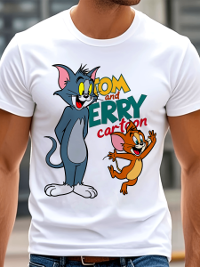 MenS Tom & Jerry Graphic T-Shirt - Officially Inspired Cartoon Print Loose Fit Casual Crew Neck Short Sleeve Tee Lightweight All-Season Comfort for Halloween & Christmas Themed Parties Nostalgic Gift for Fans