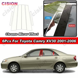 6Pcs Glossy Chrome Car Window Middle Column Door Center B C Pillar Panel Post Cover Trim PC Material Mirror Effect Sticker For Toyota Camry ACV30 2001 2002 2003 2004 2005 2006