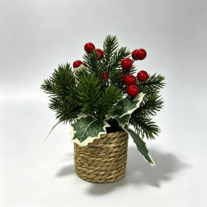 LFPLYQ Potted Artificial Christmas Plant Woven Basket Red Berry Christmas Mini Potted Plant Flower Bouquet Artificial Berries Stem Faux Holly Pine Cone Ornament Xmas Tree