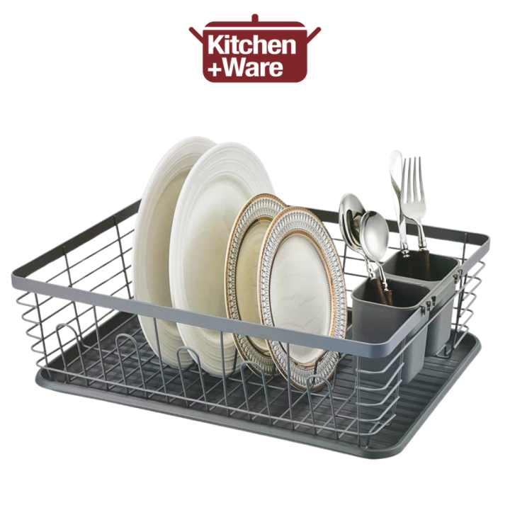 Dish Rack with Drainer and Removable Cutlery Holder in Grey