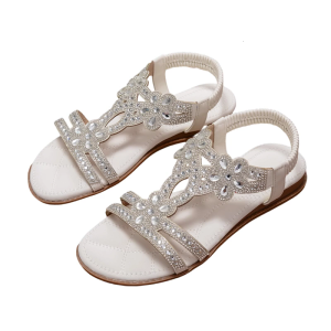 Cổ điển Giày sandal đính cườm dân tộc của phụ nữ thanh lịch thạch long lanh Giày đế bệt thoáng khí ngón chân rộng đi biển đơn giản giày dép