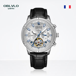 (OFFICIAL 3 Yrs WARRANTY) OBLVLO CM-T Leather Strap Luminous Annual Calendar Monthly Calendar Waterproof Automatic Mechanical Mens Business Watch