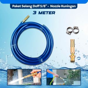 DADIDU  Paket Selang Doff 5/8” Nozzle Semprotan Kuningan Lengkap Selang Siram Tanaman Cuci Motor – Paket Selang Elastis 5/8” Selang Doff 1 MM Semprotan Lurus Kuningan 3 Mode Set Selang Rumahan 5/8”