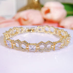 SEQUITO Women Costume Jewellery White Crystal Stone Hollow Out Bracelet Charm Wedding Party Temperament Gold Plated Jewelry B339