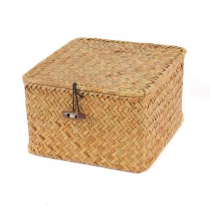 METALIX Sea Grass Wicker Shelf Baskets with Lid Weaving Storage Bins Eco-Friendly Handwoven Storage Box Home Organizer
