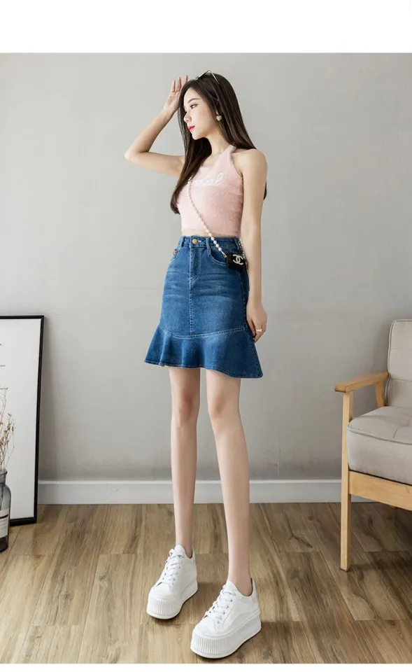 Summer Denim Skirt For Women High Waist Midi Length Mermaid Blue