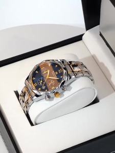 Dropshipping Waterproof Stainless Steel Band Mens Watch New Quartz Wristwatch Calendar Business Blue Gold Watch for Men