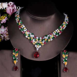 SEQUITO Gorgeous Multi Cut Red Green Yellow Color CZ Stones Long Water Drop Dangle Necklace Earrings for Wedding Party Women Costume Jewelry Set SJ059