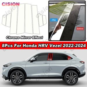 8Pcs Glossy Chrome PC Material Mirror Effect Car Door Window Center Column Middle B C BC Pillars Post Cover Trim Accessories Not Just Sticker For Honda HRV HR-V Vezel 2022 2023 2024