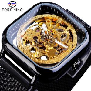 new Forsining luxury automatic mechanical fashion dress design blue watch square hollow watch ultra-thin mesh steel belt analog clock. Mens gift