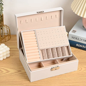 2# Double Layer Leather Box Travel Jewelry Box Organizer Necklace Earring Ring Box Women Gift idea