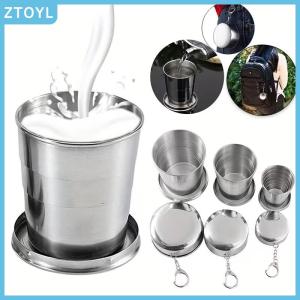 ZTOYL 250ml Stainless Steel Folding Cup Outdoor Travel Camping Portable Collapsible Water Cups With Keychain Retractable Teacups