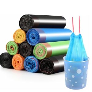 Disposable Trash Bag Rope Pulling Type 1 Roll x 15pcs Plastic Garbage Bag 5 Rolls x 20pcs Black Rubbish Bin
