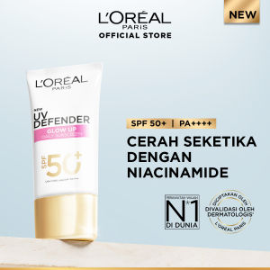 LOreal Paris UV Defender Serum Protector Sunscreen Glow Up Daily Sunscreen SPF 50+ PA++++ Cerah Seketika dengan Nicinamide Skin Care - 50ml (Untuk Mencegah Kulit Tampak Tua 5 Tahun & Melembapkan)