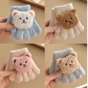 FEELINGS Solid Color Cartoon Bear Gloves Full Finger Design Soft Plush Full Finger Gloves Cozy Thermal Insulation Kids Winter Gloves For Toddlers