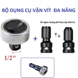 Bộ Dụng Cụ Vặn Gồm Cờ Lê Siết 1/2 Tự Động Dạng Cục Tròn Và Đầu Chuyển Đổi Máy Vặn Bulong Thành Vặn Vít