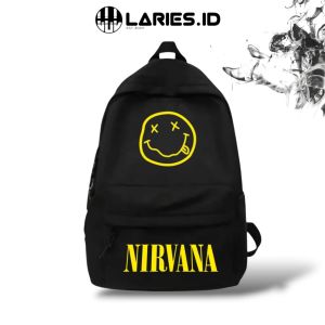 LARIES Original - Tas Ransel Band Rock Nirvana Smile Inside Backpack Punggung Sekolah Nongkrong Remaja Pria Wanita Casual Ride