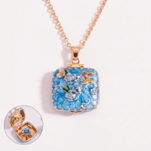 JITEN Floral Butterfly Square Locket Necklace Colorful Vintage Enamel Pendant Necklace Cute Dainty Openable Box Chain Women