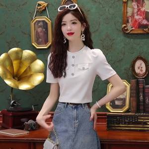 Ammin 2024 mùa hè cổ điển cổ tròn thời trang với kim cương nút cắt tay ngắn Cotton T-Shirt người phụ nữ phiên bản Hàn Quốc phong cách đơn giản màu trơn tay ngắn thanh lịch Áo