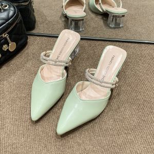 【Free Shipping】Fashionable pointed-toe high-heeled shoes 2025 summer new style chunky heel solid color rhinestone sandals casual everyday closed-toe slippers