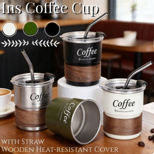 300ML Ins Coffee Cup with Straw & Wooden Heat-resistant Cover Stainless Steel Anti Scalding Step Cup