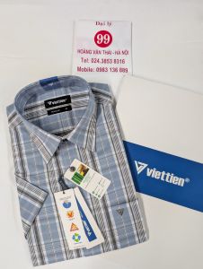 [Việt Tiến] Áo Sơ Mi Ngắn Tay - Regular (Suông) - Vạt Vuông - Kẻ ô màu xanh và nâu