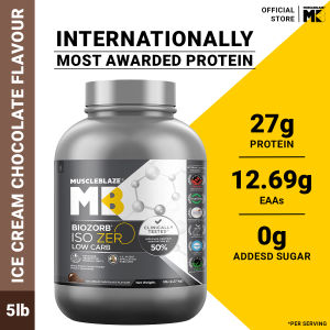 MuscleBlaze Biozorb Iso-Zero Low Carb (Ice Cream Chocolate 5lbs / 2.27kg) | 27g Pure Whey Protein Isolate Per Scoop