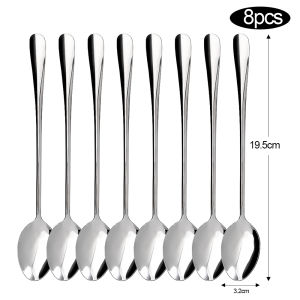 8pcs Stainless Steel Ice Tea Scoop Dessert Spoon Food Grade Long Handle Tea Spoon Coffee Multi-Purpose Spoon