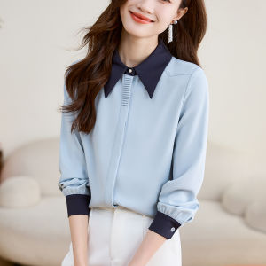 AMMIN Korean Style Fashion Color-Block Lapel Patchwork Design Long Sleeve Commuter Chiffon Blouse for Women 2025 Spring Autumn New Hidden Single-Breasted Design Sense Professional Elegant Blouse